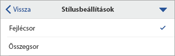 A Stílusbeállítások parancs kibontva, a Fejlécsor lehetőség van kijelölve.