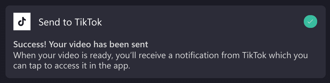 Képernyőkép a Sikeres küldés a TikTok-nak üzenetről a Clipchamp exportálási oldalán.