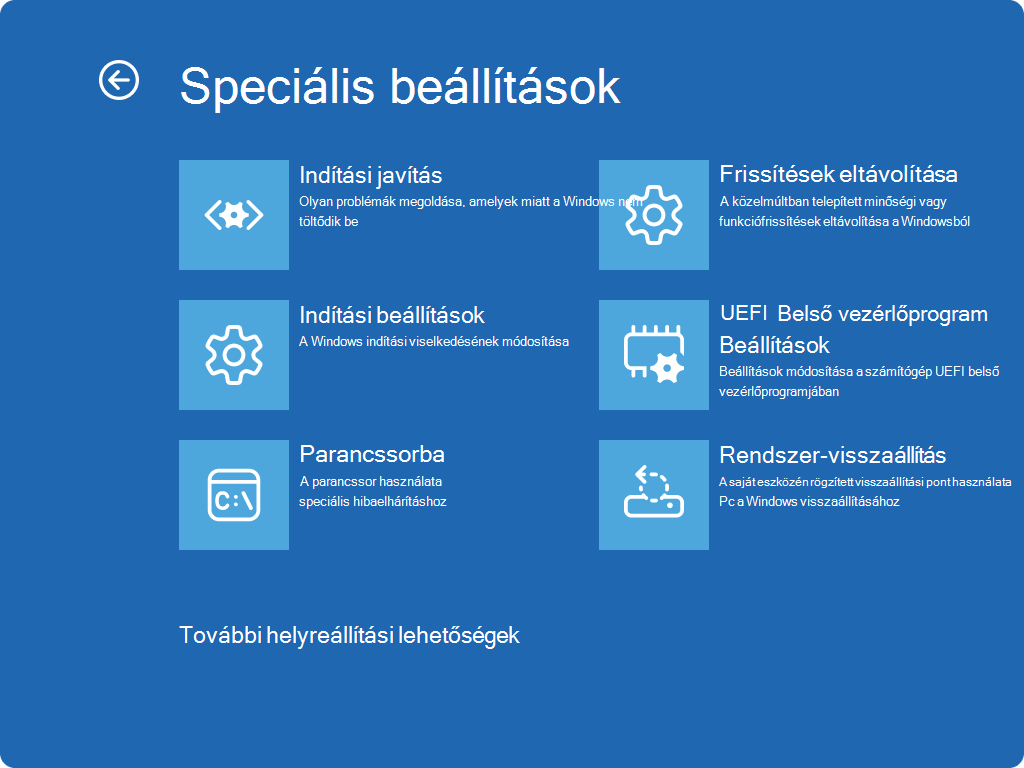 Képernyőkép a Windows RE – Speciális beállítások képernyőről.