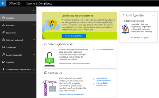 Képernyőkép az Office 365 Biztonsági és megfelelőségi központ kezdőlapjáról.