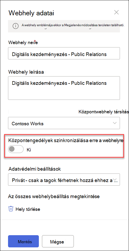 képernyőkép a társított webhelyek szinkronizálási kapcsolóról