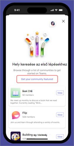 Képernyőkép a közösségi funkció funkciójáról a Microsoft Teams ingyenes mobilalkalmazásÁban, a Közösségek felfedezése lapon.