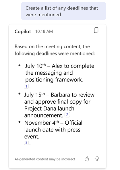 A Teams copilotja a "Megemlített határidők listájának létrehozása" kérdésre válaszolva a határidők listájával.