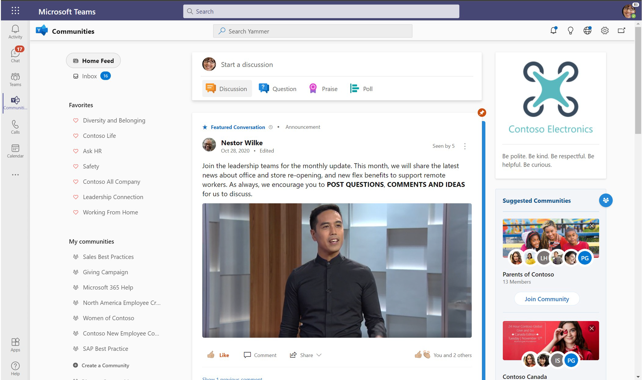 Screenshot showing the full view of the Yammer communities app in Teams