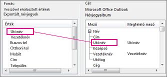 Excel-oszlop megfeleltetése Outlook-névjegymezőnek