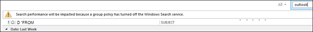 Képernyőkép a következő hibaüzenetről: "A keresési teljesítmény hatással lesz, mert egy csoportházirend kikapcsolta a Windows Search szolgáltatás."