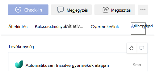 Képernyőkép egy célkitűzés Tevékenység lapjával, amelyen a felfelé mutató hüvelykujj ikon van kiválasztva.