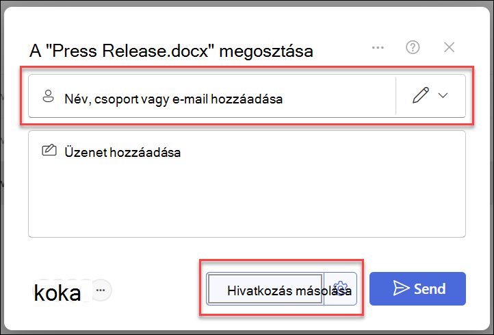 képernyőkép két megosztási lehetőségről: hivatkozás másolása és személyek hozzáadása.