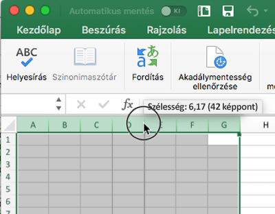 Képernyőkép arról, hogy hogyan lehet az egérrel átméretezni az oszlopokat az Excelben