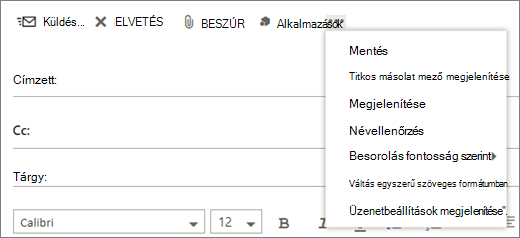 Képernyőkép a levelezési eszköztár egyebek parancsáról elérhető lehetőségekről