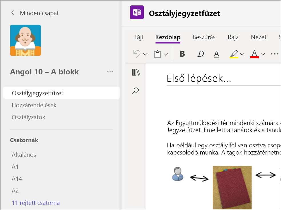 Képernyőkép a kezdőlapról az Osztályjegyzetfüzet lapon a Microsoft Teams Oktatási verzió egyik osztálycsoportjában