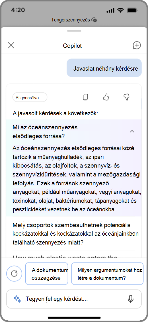 Képernyőkép a Word Copilotról iOS-rendszerű eszközön, a Copilot által javasolt kérdések és válaszok eredményével