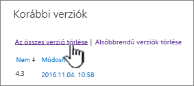 A Korábbi verziók párbeszédpanel a kijelölt Az összes verzió törlése hivatkozással