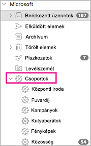 A Mac Outlook 2016 mappaablakában felsorolt csoportok