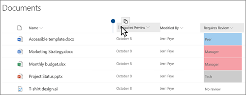 A document library in the modern SharePoint Online view, showing a column being dragged from one position to another