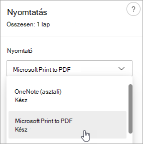 Képernyőkép a Microsoft Print to PDF kiválasztásáról