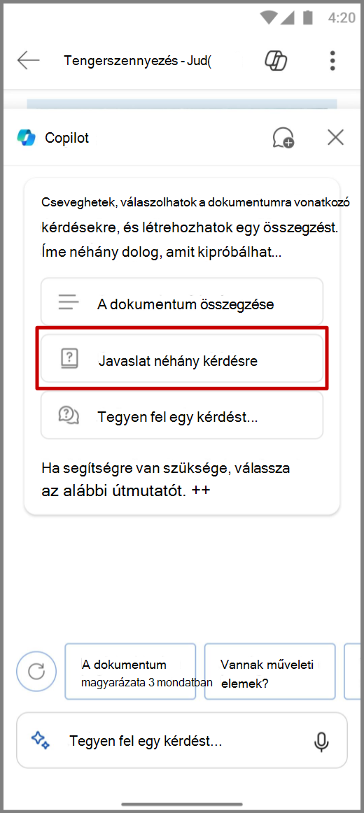 Képernyőkép a Word Copilotról Android eszközön, a Javasoljon néhány kérdés-választ kérés kiemelésével