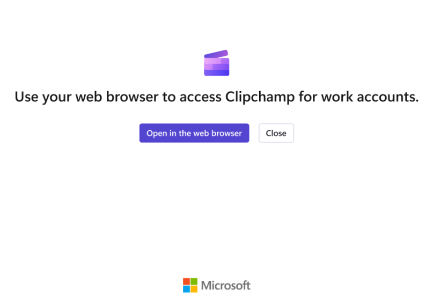 A Windows Clipchamp alkalmazás felhasználói ezt a képernyőt látják, ha a személyes hozzáférés le van tiltva