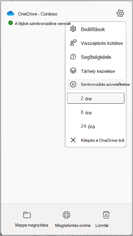 OneDrive-beállítások Szinkronizálás szüneteltetése