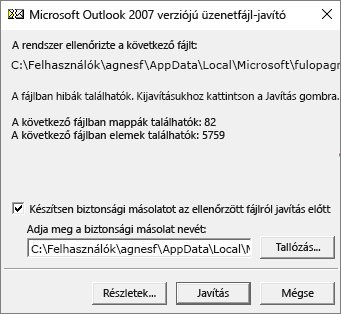 A Microsoft Üzenetfájl-javító eszközével, a SCANPST.EXE programmal megvizsgált Outlook .pst adatfájl eredménye