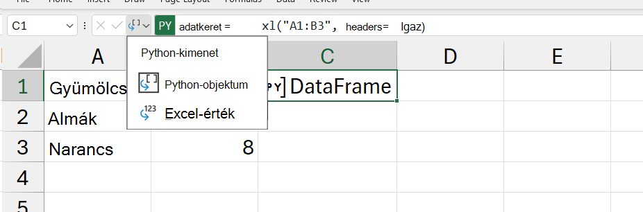 A Python kimeneti menüjének megnyitása az Excelben.