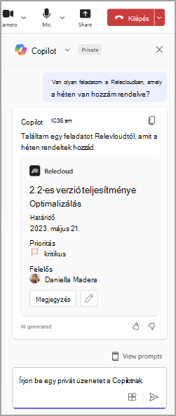 Képernyőkép a Copilot számítógépprogramról, amely egy felhasználói kérésre válaszol.