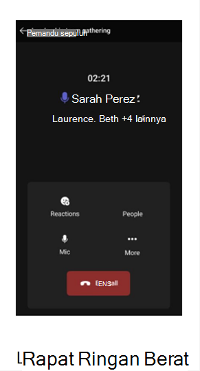 Cuplikan layar rapat dengan tombol reaksi, mikrofon, daftar nama, dan meninggalkan