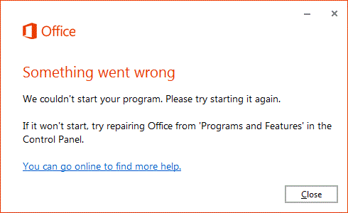 Kesalahan "Ada yang salah" ketika membuka aplikasi Office