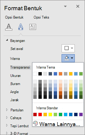 Pilihan warna Bayangan WordArt