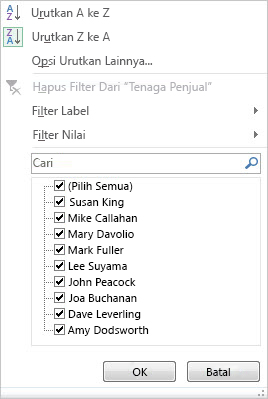 Opsi filter dan urutkan untuk PivotChart