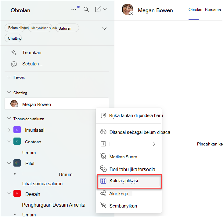 Cuplikan layar mengelola aplikasi dalam obrolan Teams