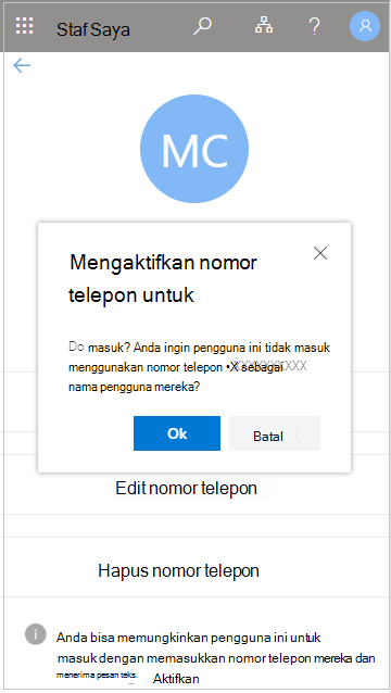 Cuplikan layar yang memperlihatkan "Aktifkan nomor telepon untuk masuk?