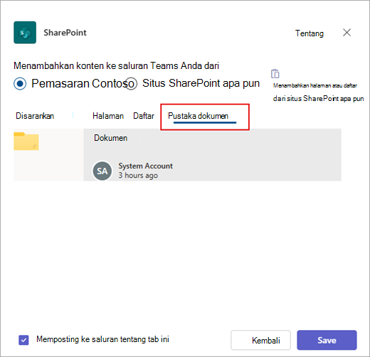 Tambahkan pustaka dokumen SharePoint ke Teams.