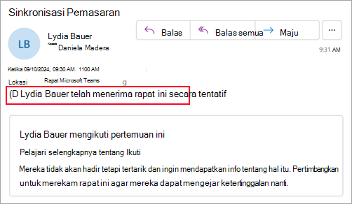 Cuplikan layar untuk penyelenggara yang tidak menggunakan Outlook baru yang memperlihatkan peserta telah menerima rapat secara tentatif