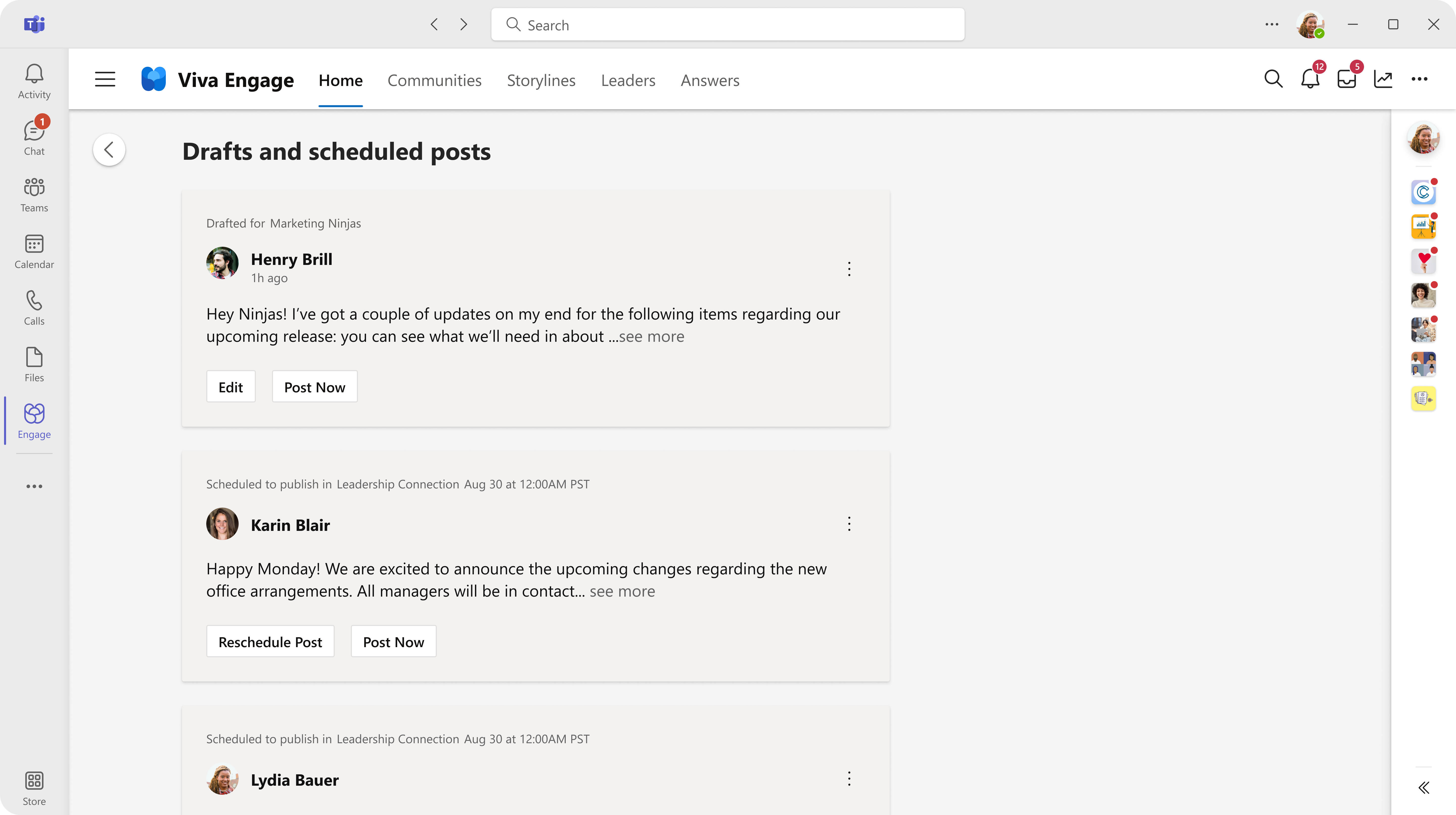 Cuplikan layar memperlihatkan halaman komunitas dengan panel yang diperluas tempat Anda dapat mengakses semua draf. dan postingan terjadwal.