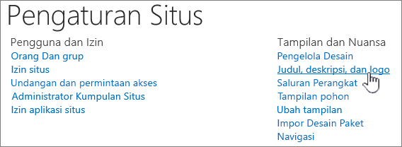 Pengaturan Situs dengan Judul, deskripsi, logo dipilih