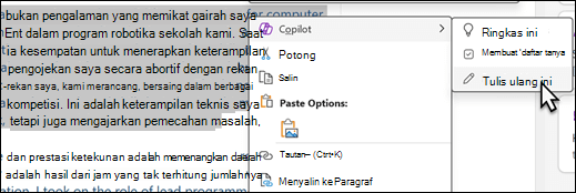 Beberapa teks dipilih di OneNote. Menu konteks ditampilkan, dengan "Copilot" dipilih, dan "Tulis ulang ini" dipilih pada sub-menu.