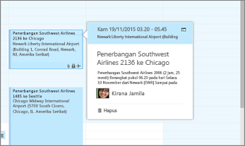 Cuplikan layar Outlook menampilkan informasi penerbangan.