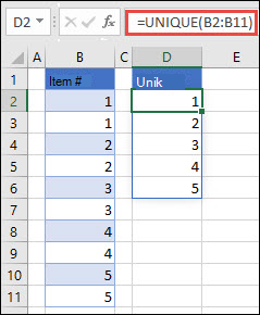Contoh penggunaan =UNIQUE(B2:B11) untuk mengembalikan daftar angka unik
