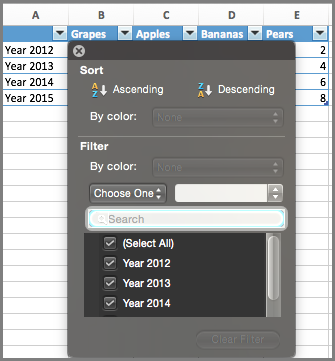 Filter untuk bagan Excel untuk Mac