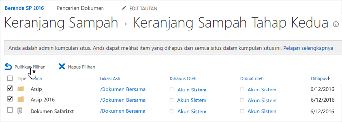 Daur ulang tingkat 2 SharePoint dengan tombol pulihkan disorot