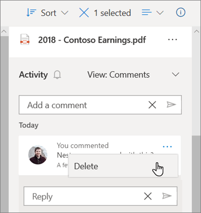 Panel detail OneDrive, memperlihatkan komentar yang ditinggalkan pada file bersama dan opsi Hapus dipilih untuk komentar