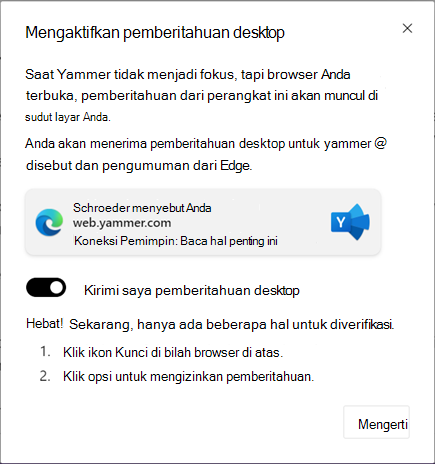 Cuplikan layar memperlihatkan kotak dialog untuk mengaktifkan pemberitahuan desktop