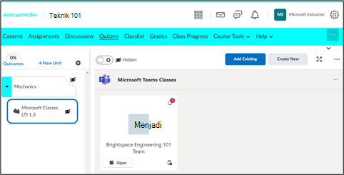 Cuplikan layar kursus D2L Brightspace menyoroti fitur Kelas Microsoft.