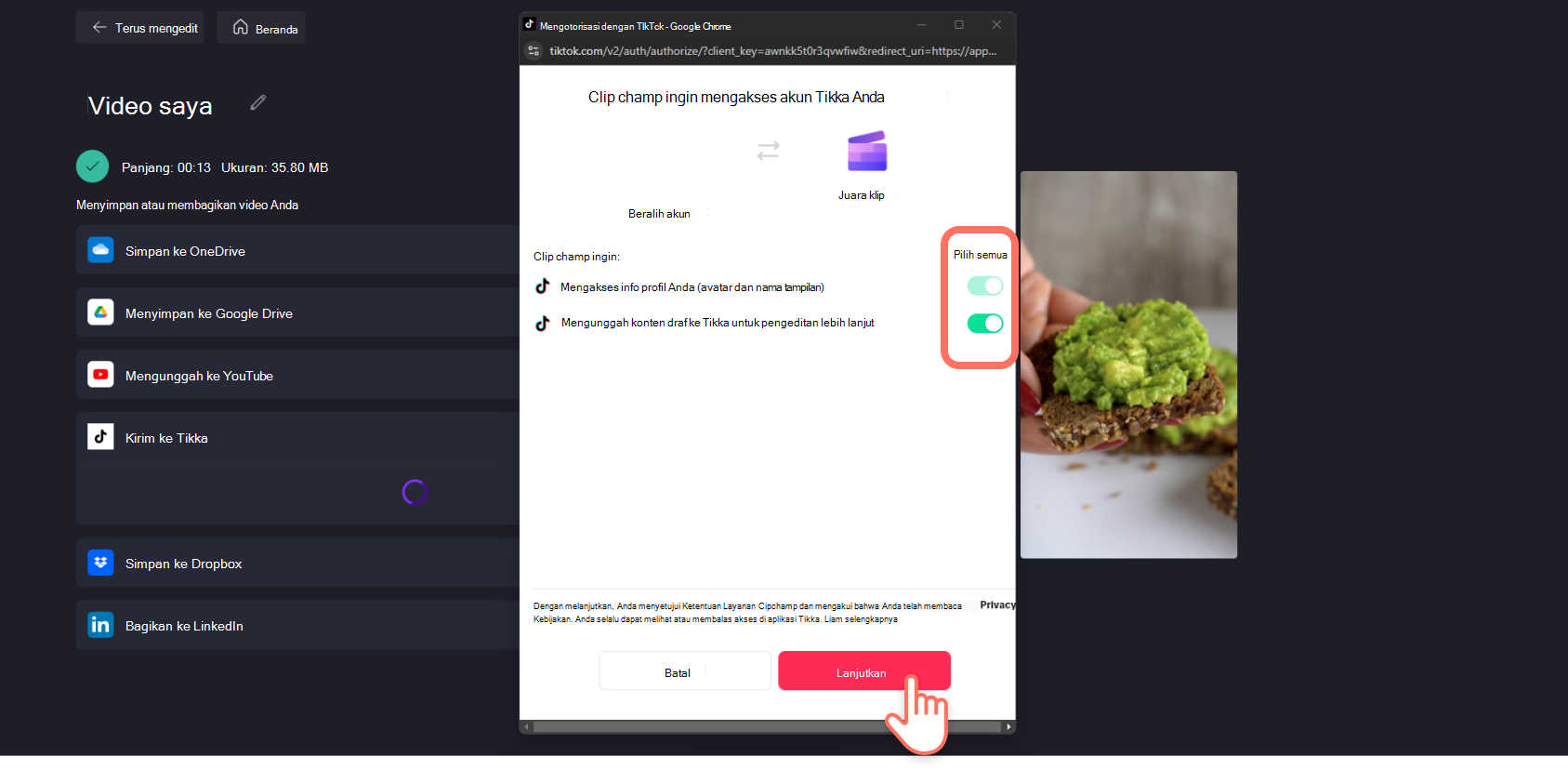 Cuplikan layar pengguna Clipchamp yang mengotorisasi integrasi TikTok.