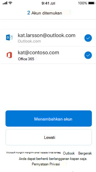 Memperlihatkan layar Outlook dengan dua alamat email tercantum--yang merupakan email Outlook dan yang tidak.