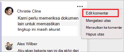 Komentar di Word di Mac, di mana menu opsi lainnya memiliki opsi "Edit komentar" dipilih.