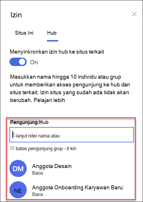 cuplikan layar grup izin situs hub