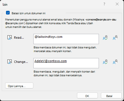 Dialog batasi izin memungkinkan Anda menentukan pengguna atau domain mana yang bisa membaca atau mengubah file Anda.