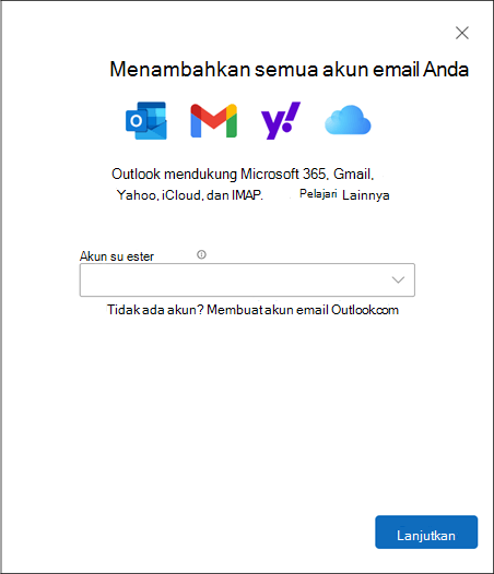 Kotak dialog Tambahkan akun di Outlook untuk Windows baru